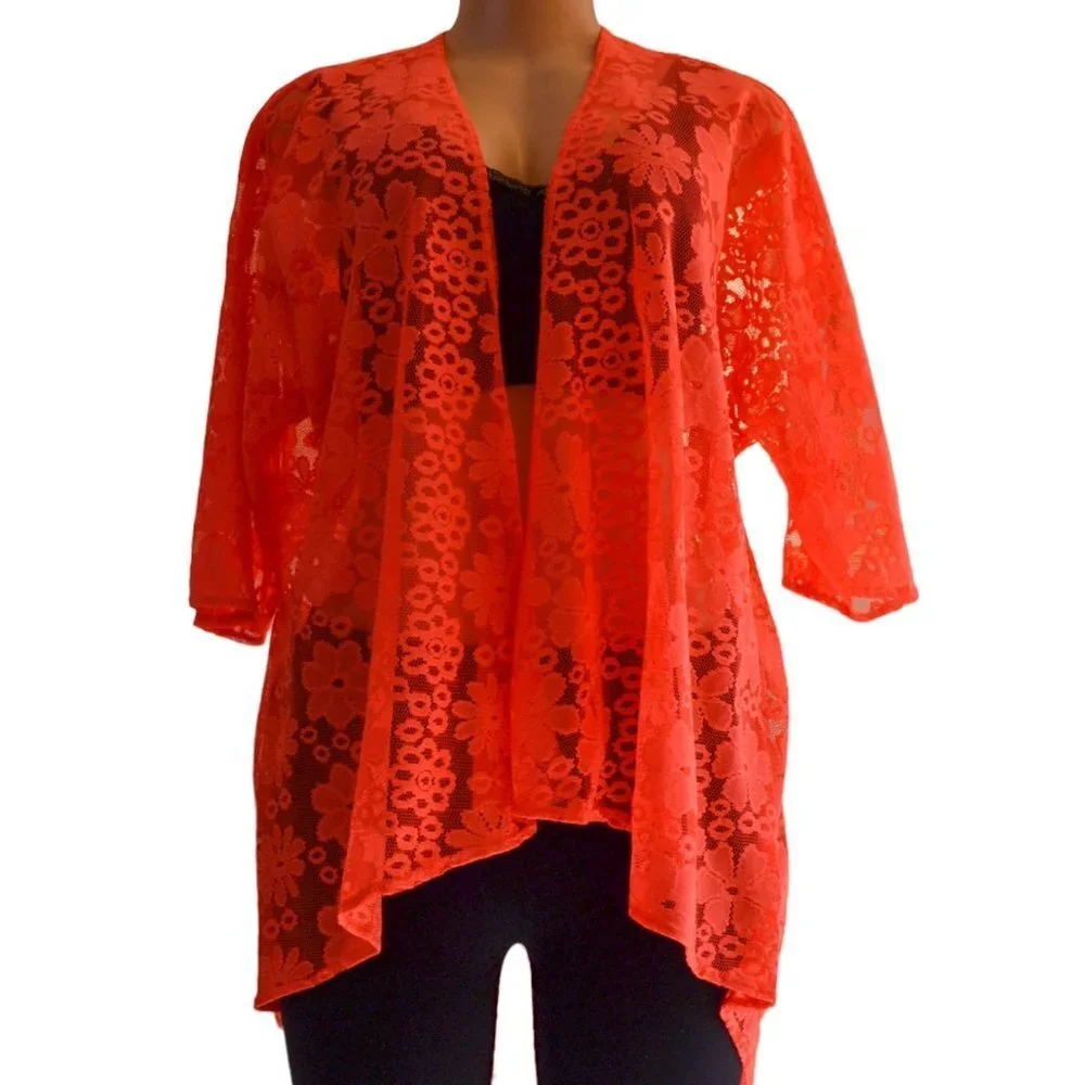 LuLaRoe Lindsay Kimono Neon Orange Floral Lace, Light Cover Up Halloween Fall - Picture 1 of 8